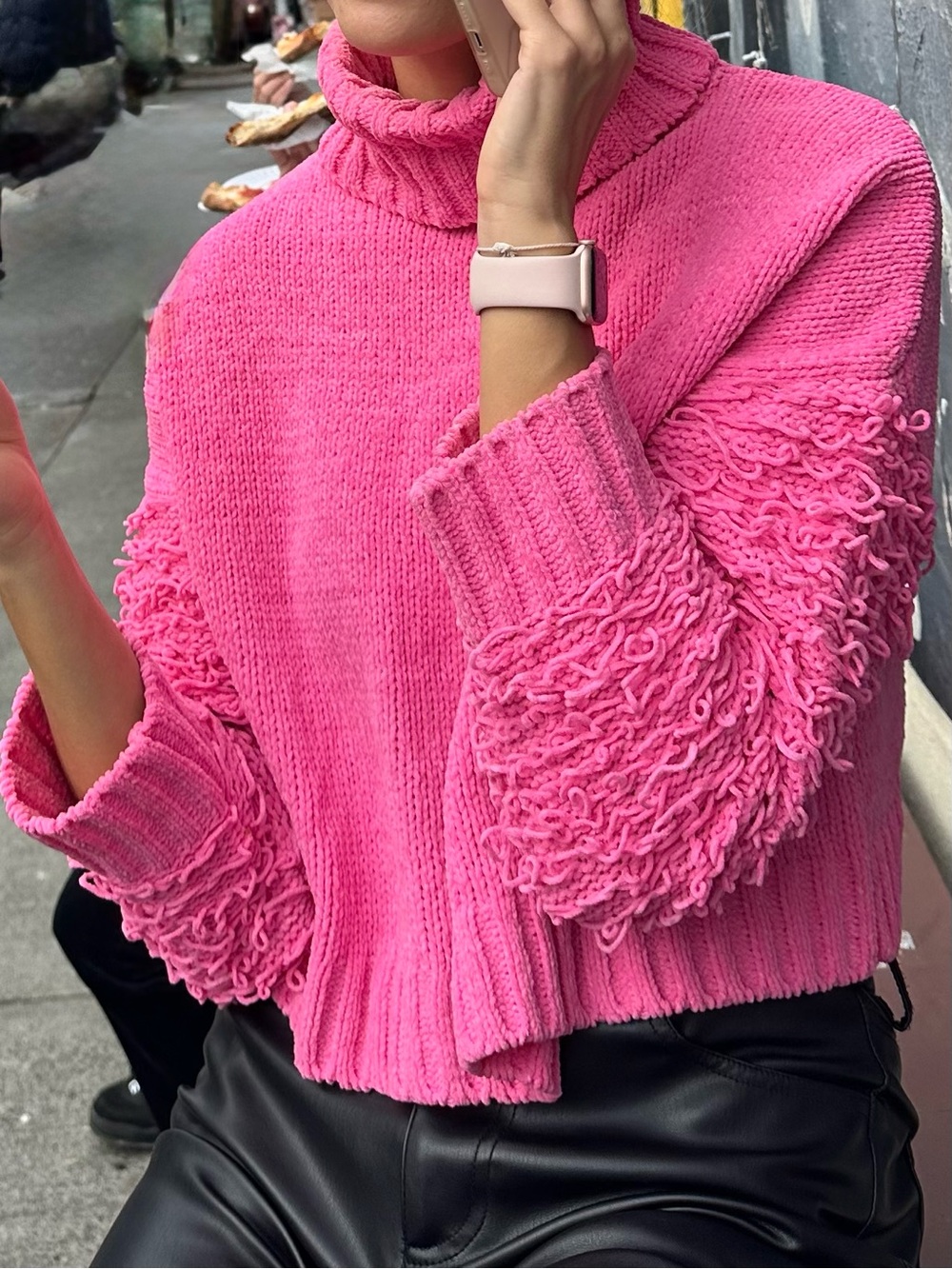 Women's Pink Loop-Texture Turtleneck Sweater